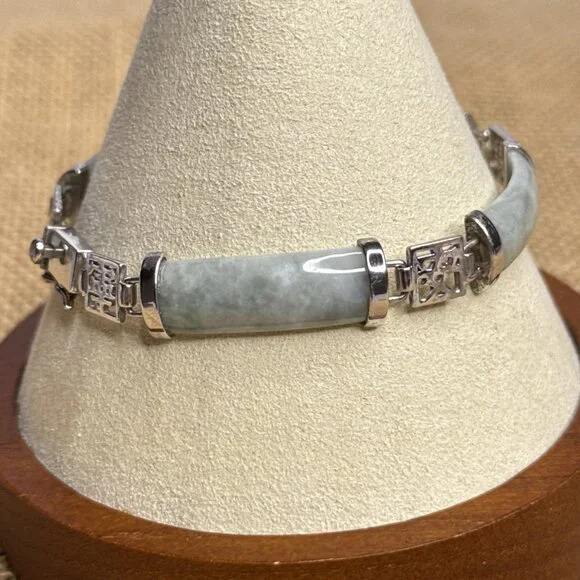 Jade Of Yesteryear Station Bracelet Green Jade Panels Sterling Silver 7.25" Cast - Picture 10 of 14